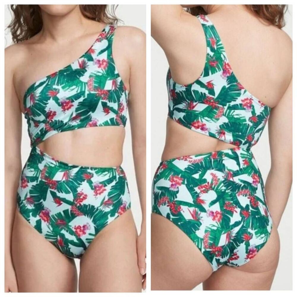 Victoria's Secret VS Green Palm Floral Cutout Monokini One Piece Swimsuit NWOT